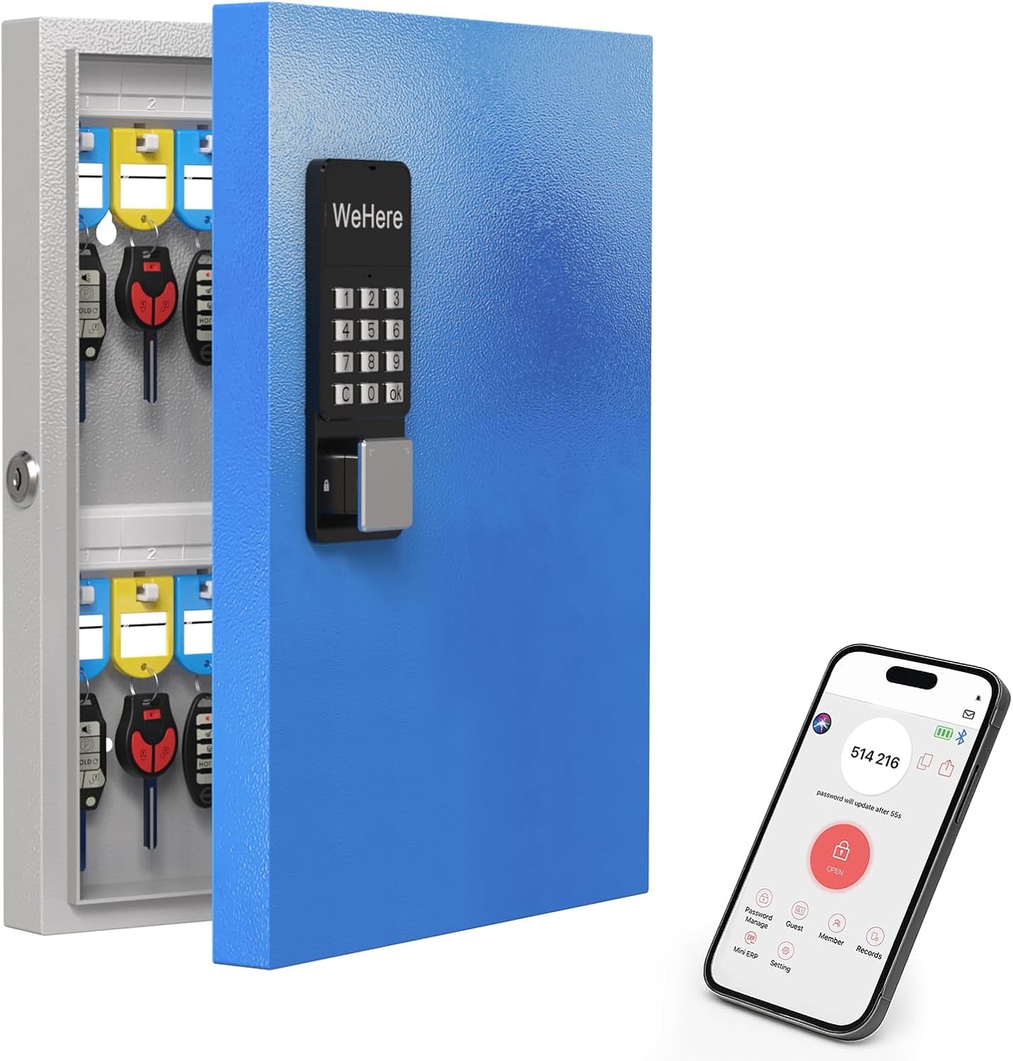 32 Key Lock Box Wall Mount, Smart Security Storage Lockbox with Key Tags, Key Cabinet Use APP Bluetooth/Fixed/Dynamic Password/Otp Share Unlock, Key Management for Valets/Realtors/Office/Hotel